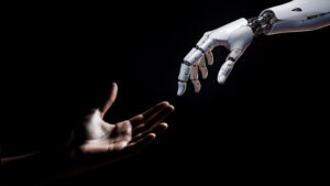 Człowiek i robot symbolizują korzystanie z AI w sposób etyczny oraz odpowiedzialne wykorzystywanie sztucznej inteligencji.