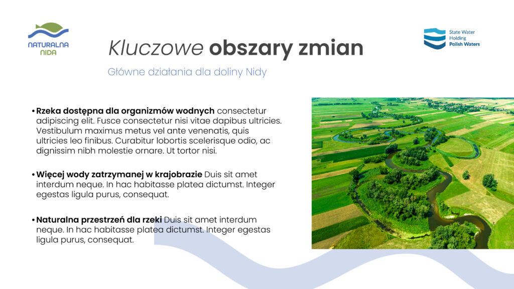 Slajd prezentacji Naturalna Nida przedstawiający kluczowe obszary zmian i fotografię doliny Nidy.
