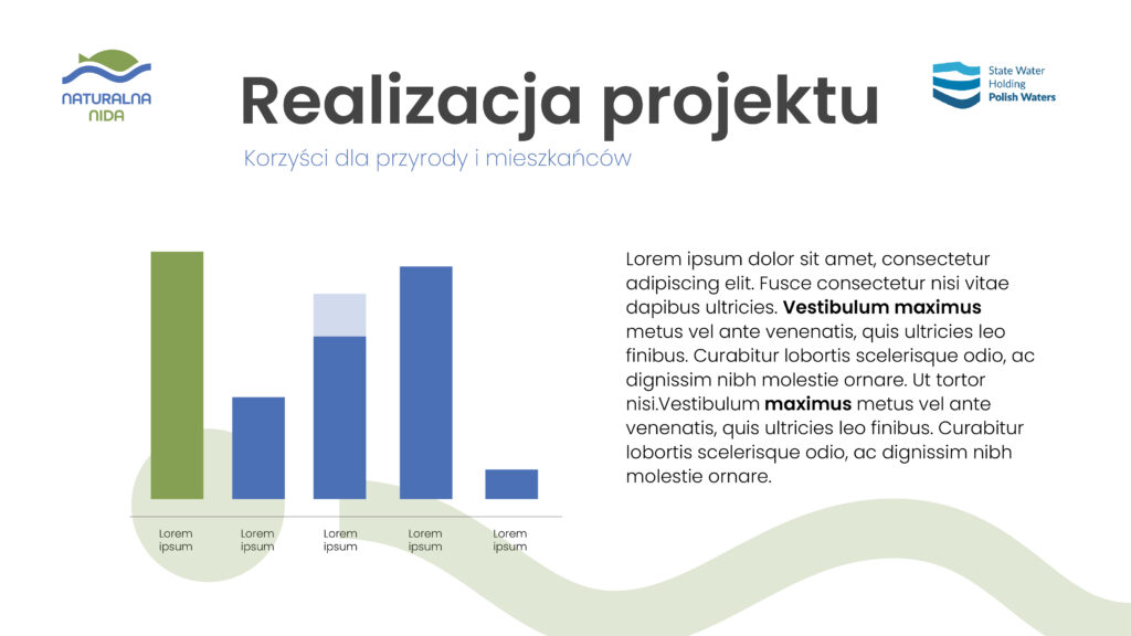 Slajd prezentacji Naturalna Nida dotyczący realizacji projektu i korzyści dla przyrody i mieszkańców.