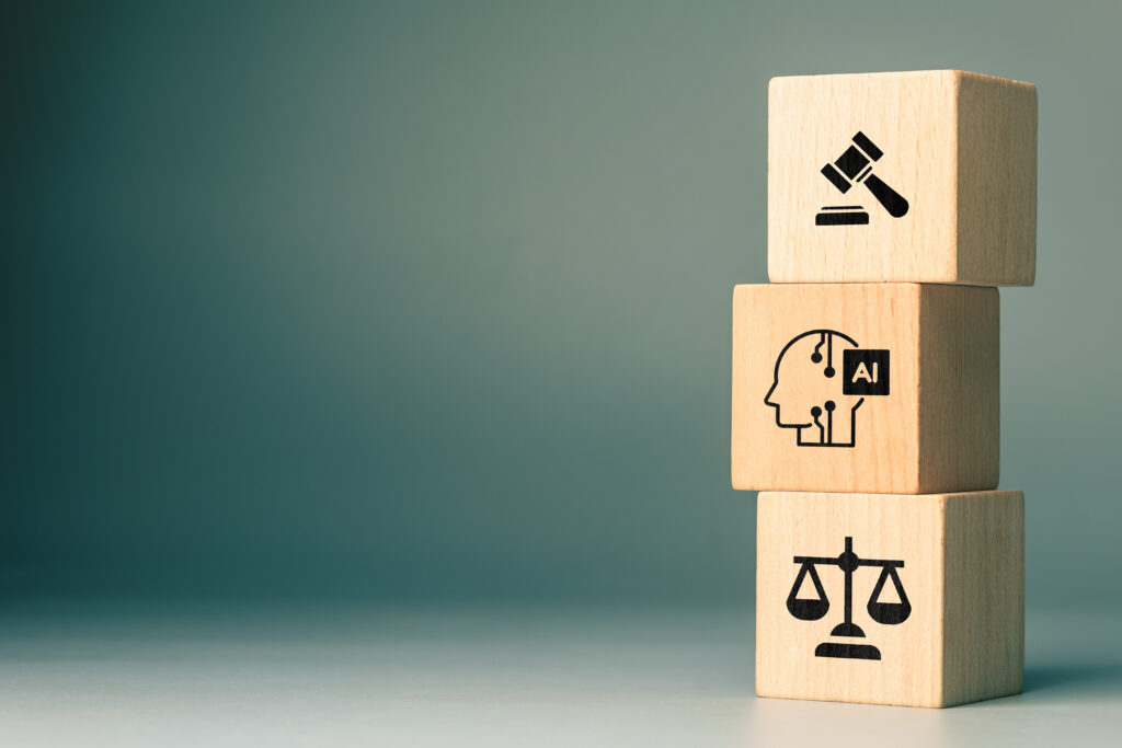 Symbole sztucznej inteligencji, prawa i odpowiedzialności ilustrujące oznaczanie treści AI.